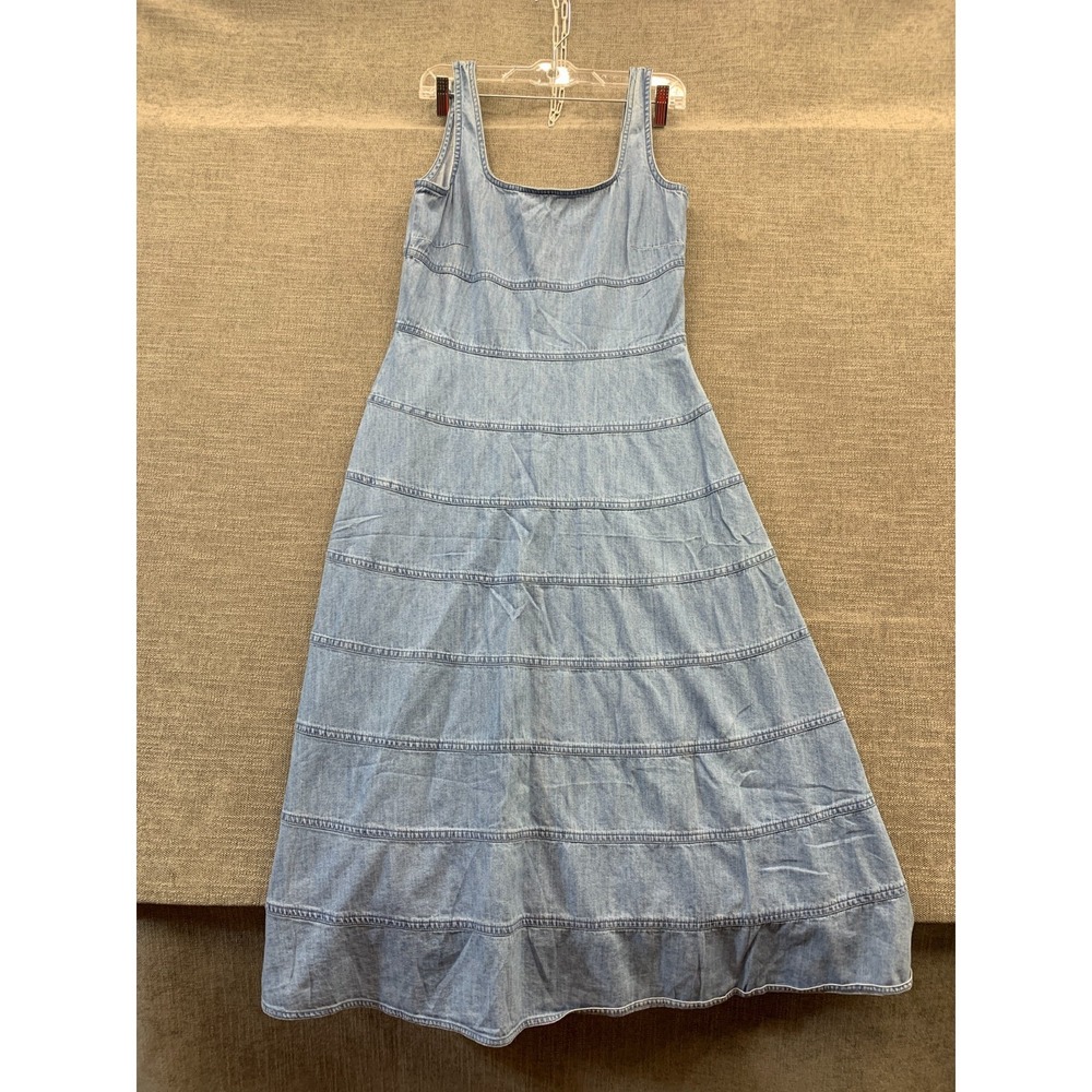 Loft Chambray Seamed Fit & Flare Midi Dress Womens 4 Blue‎ Cotton Square Neck